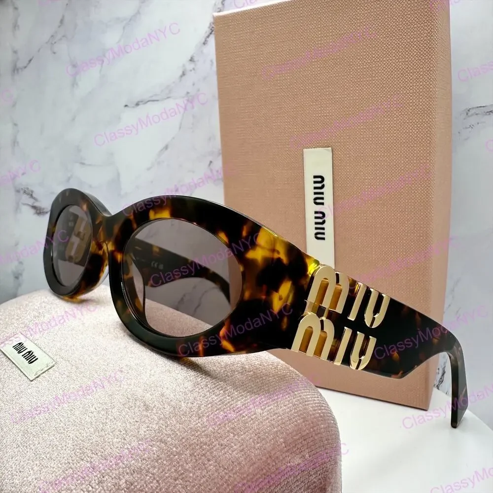 New MIU MIU Sunglasses Brown Tortoise Shell Oval Acetate Gold Logo Italy